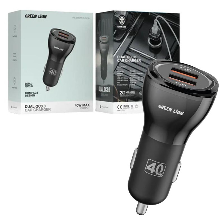 شارژر فندکی 2 پورت 40 وات گرین لاین مدل Green Lion dual QC3.0 GL-CC9 40W با کابل آیفون